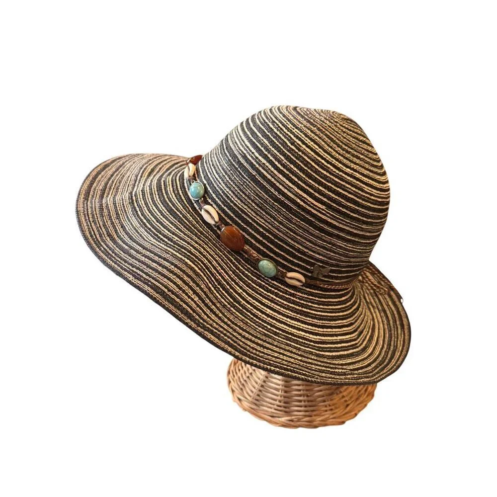 Kallina Black & Tan Striped Sun Hat With Beaded Band Women's One Size